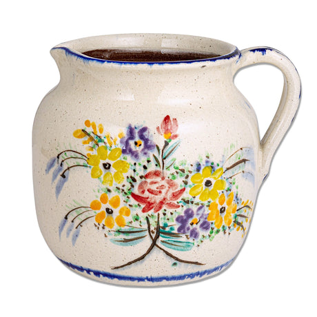 terra cotta floral pitcher with crackle glaze and hand painted cottage flowers