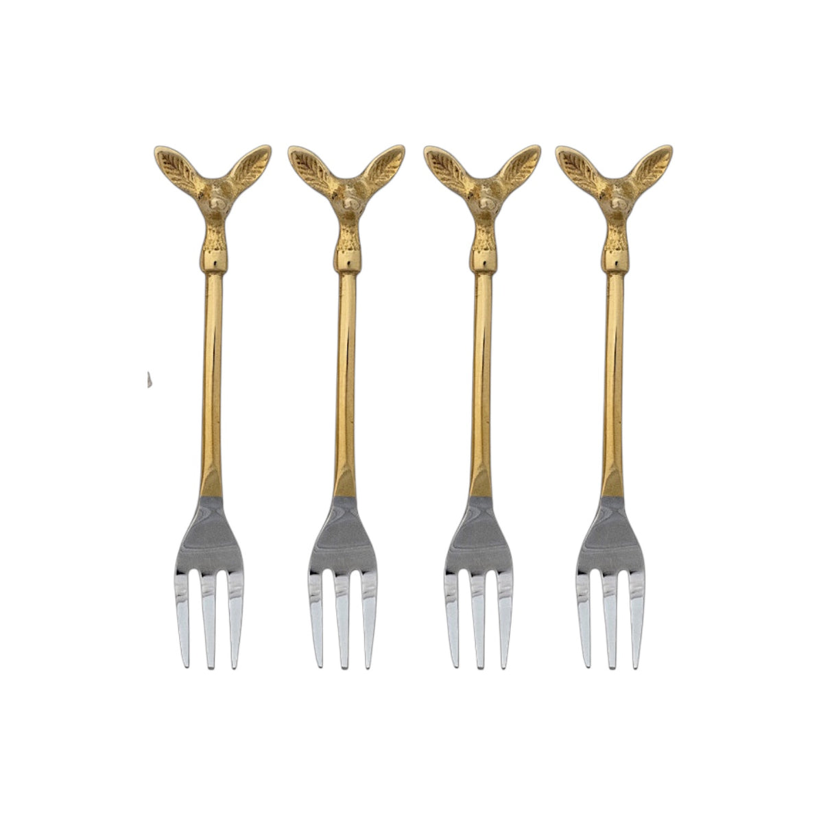  Four appetizer forks with gold-toned deer head handles and silver-toned tines beside an illustrated drawstring bag