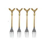  Four appetizer forks with gold-toned deer head handles and silver-toned tines beside an illustrated drawstring bag