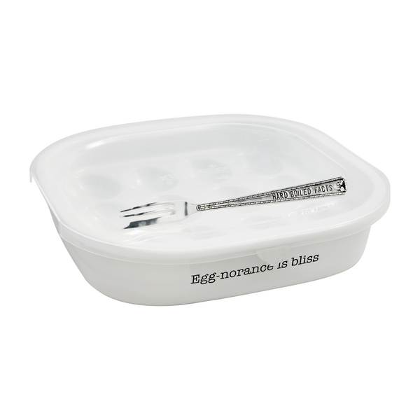 Deviled egg tray with "Egg-norance is bliss" quote, plastic lid, and silverplate fork, 7.25" x 12"