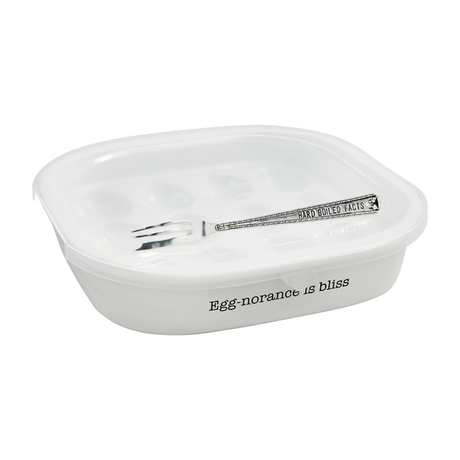 Deviled egg tray with "Egg-norance is bliss" quote, plastic lid, and silverplate fork, 7.25" x 12"
