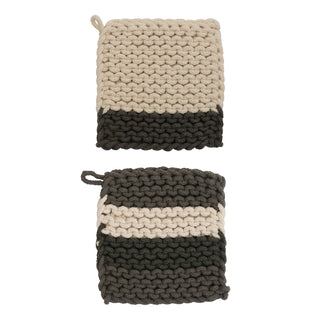 cream and charcoal chunky knit hot pads by Creative Co-Op