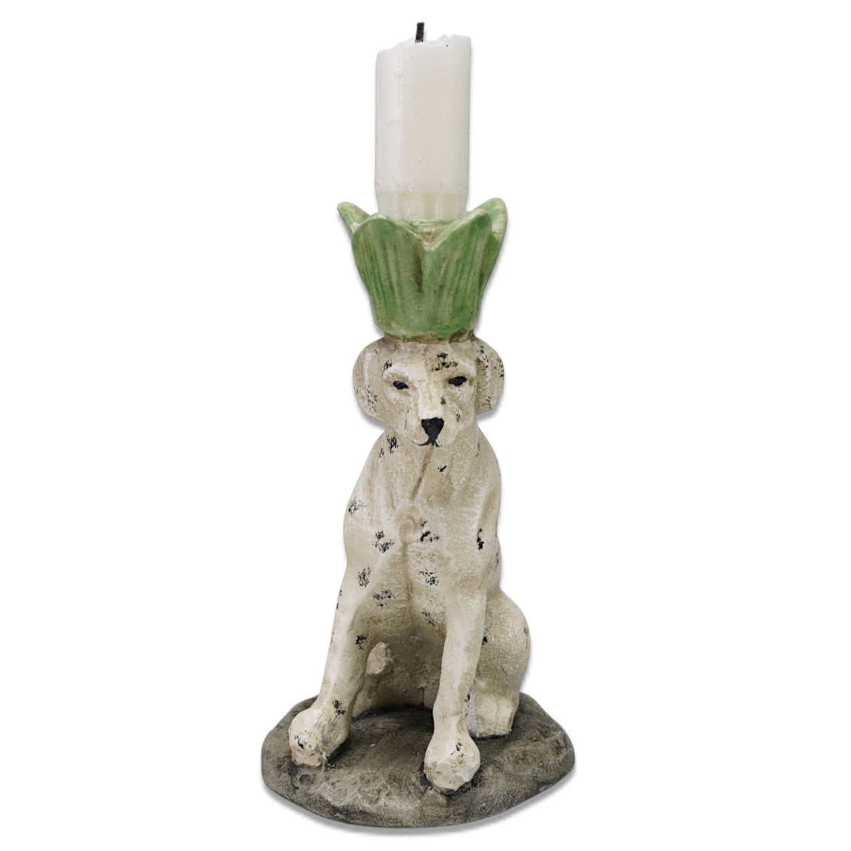 Distressed cast iron dog taper candle holder vintage style tabletop decor