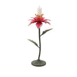 Distressed metal poinsettia taper candle holder with layered red petals, a gold candle cup, green leaves, and a round green base.
