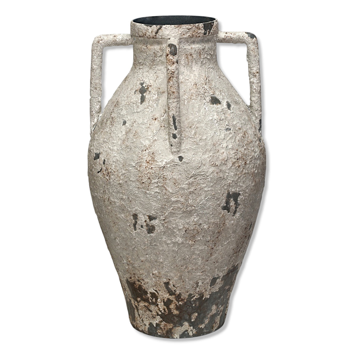 Heavily distressed white metal urn with handles, rustic vintage-style vase