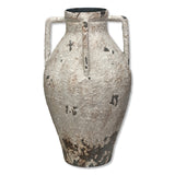 Heavily distressed white metal urn with handles, rustic vintage-style vase