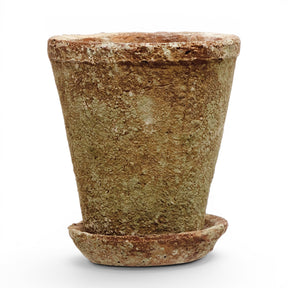 cement planter with distressed terracotta finish and saucer for indoor plants and shelf styling