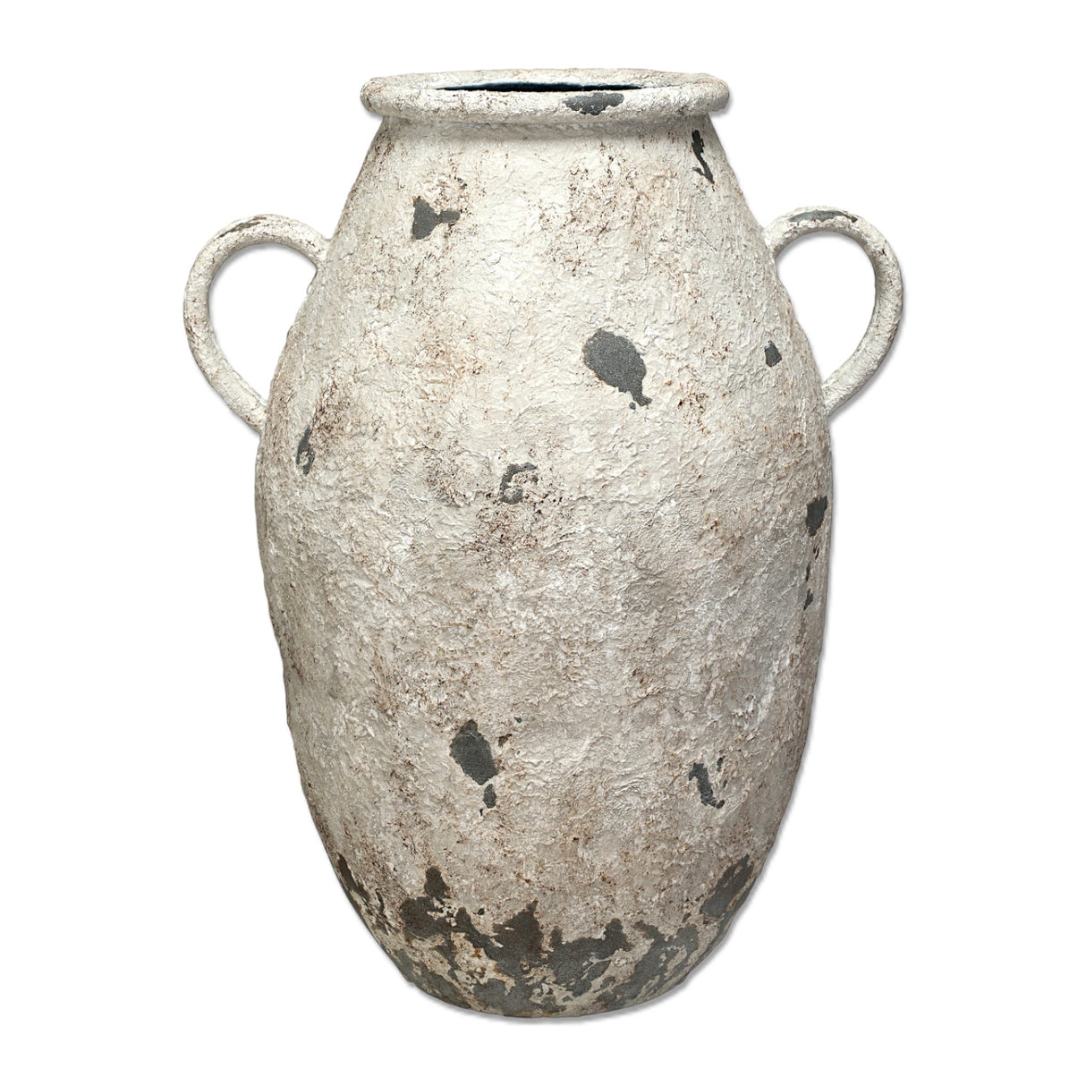 Distressed white metal urn 21 inch vintage inspired decorative vase with handles
