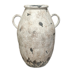Distressed white metal urn 21 inch vintage inspired decorative vase with handles