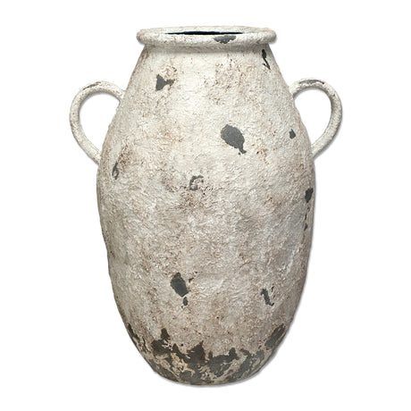 Distressed white metal urn 21 inch vintage inspired decorative vase with handles