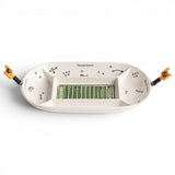 Divided ceramic football field serving platter with four sections and two goalpost handle spreaders