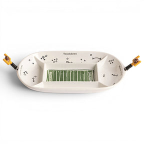 Divided ceramic football field serving platter with four sections and two goalpost handle spreaders