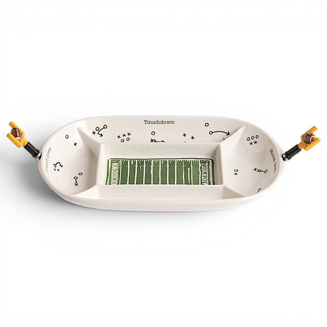 Divided ceramic football field serving platter with four sections and two goalpost handle spreaders