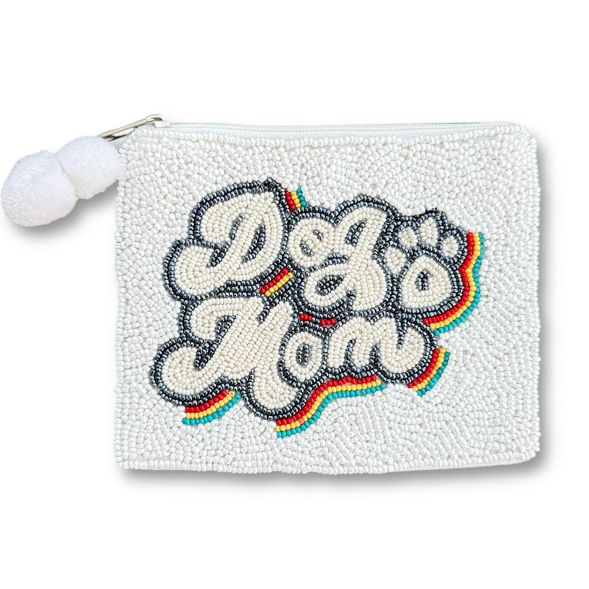 Dog Mom White Beaded Coin Pouch with Pom-Pom Zipper