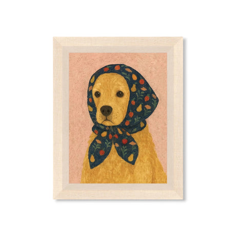 dog portrait wall art with floral scarf framed whimsical dog print light wood frame colorful home decor