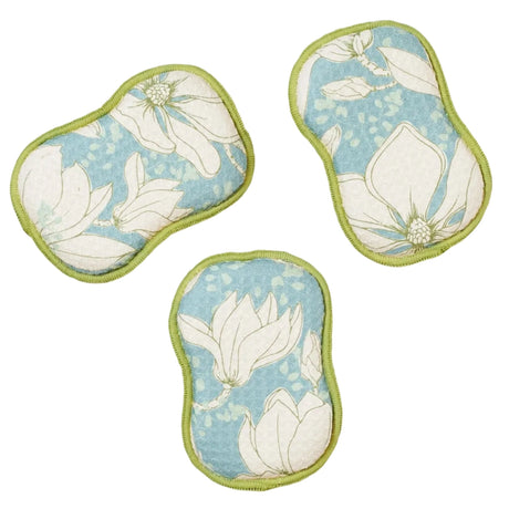 Dreamy Magnolia reusable kitchen sponge set with blue and ivory floral pattern