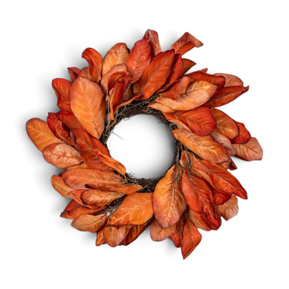 19 inch dried orange magnolia leaves candle ring with rust and burnt orange fall foliage
