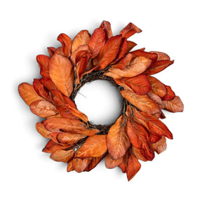 19 inch dried orange magnolia leaves candle ring with rust and burnt orange fall foliage