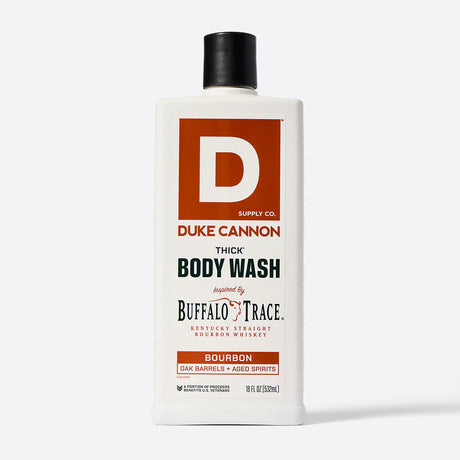 Duke Cannon Bourbon Body Wash Buffalo Trace 18 oz bottle with oak barrel scent