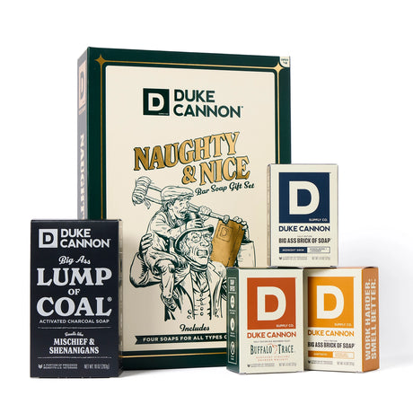 Duke Cannon Naughty & Nice gift box with four assorted men’s bar soaps