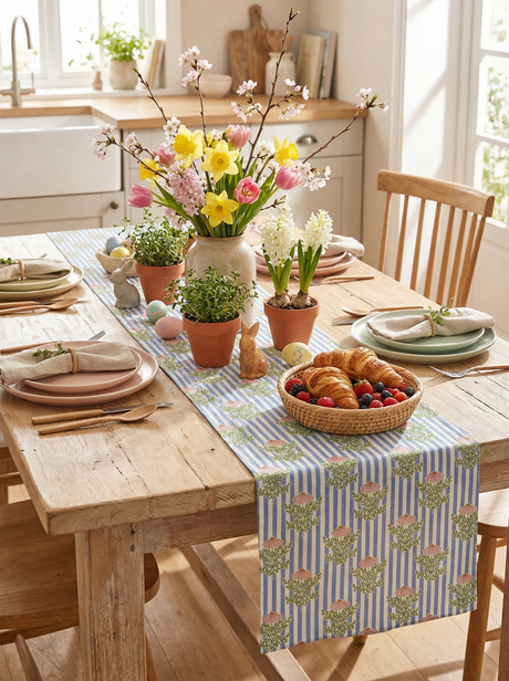 Blue Stripe Floral Geometry Table Runner