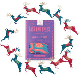 East End Press Bright Reindeer paper Christmas garland with red, teal and gold hand-printed reindeer