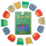 East End Press Christmas sweater paper garland with ten colorful hand-printed festive jumpers