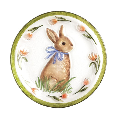 12 inch hand-painted Easter bunny glass serving platter with floral spring design