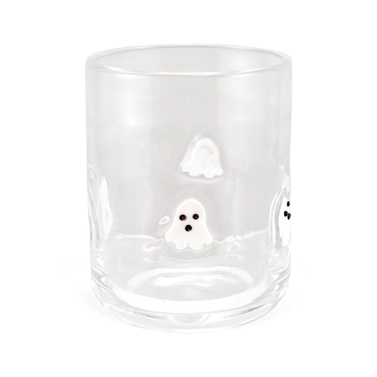 Clear 16 oz. Halloween drinking glass with embedded white ghosts and black faces