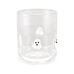 Clear 16 oz. Halloween drinking glass with embedded white ghosts and black faces