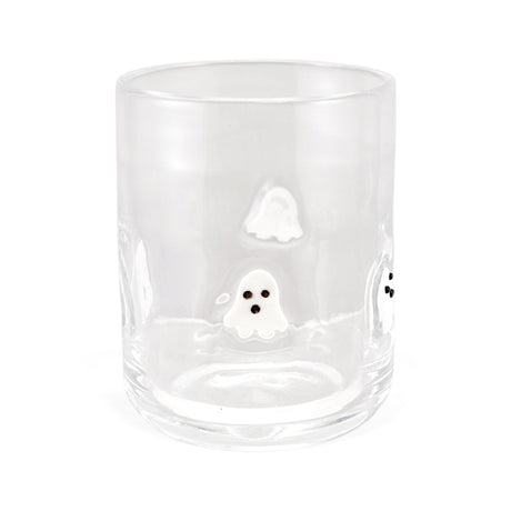 Clear 16 oz. Halloween drinking glass with embedded white ghosts and black faces