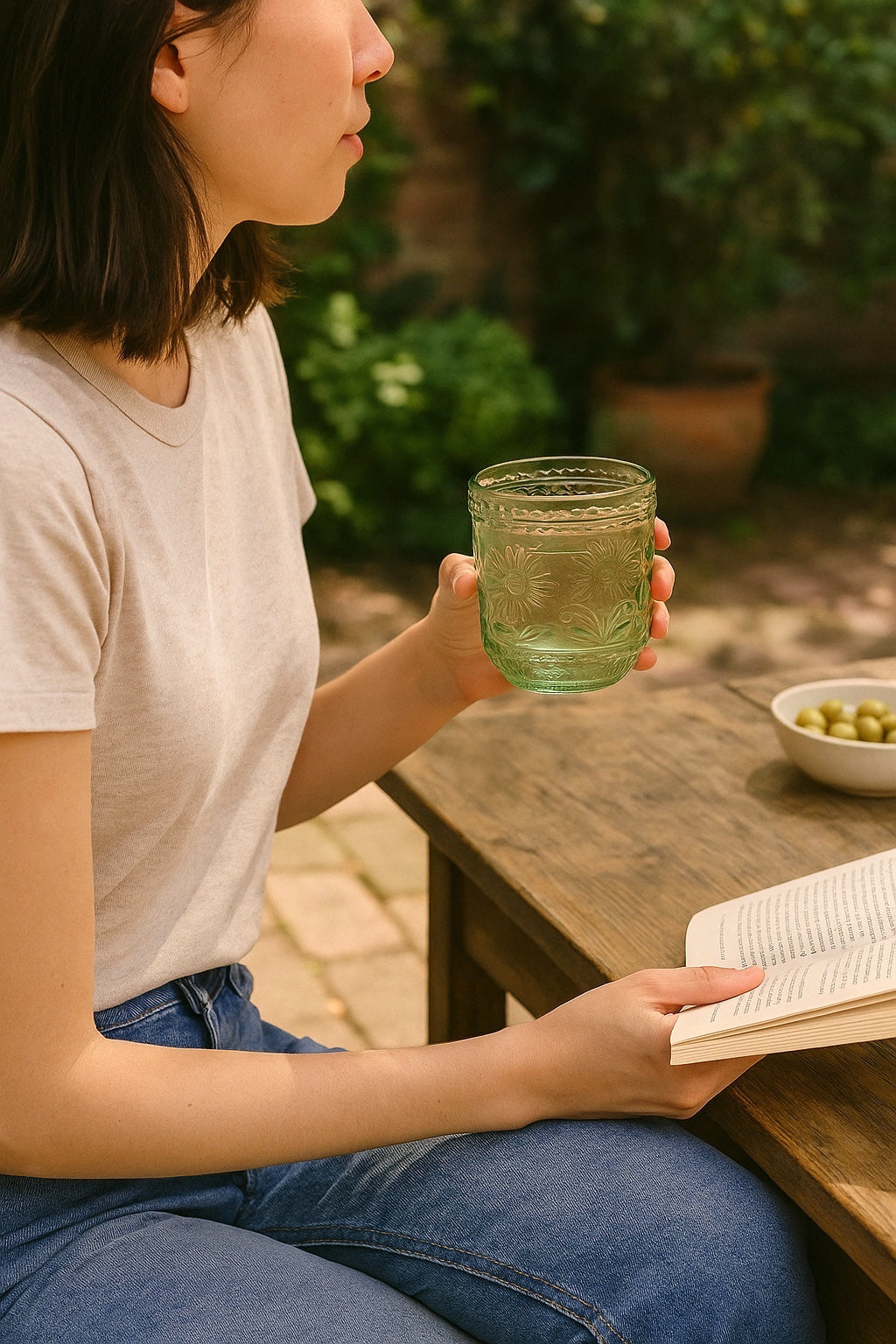 Green Embossed Floral Drinking Glass | 12 oz