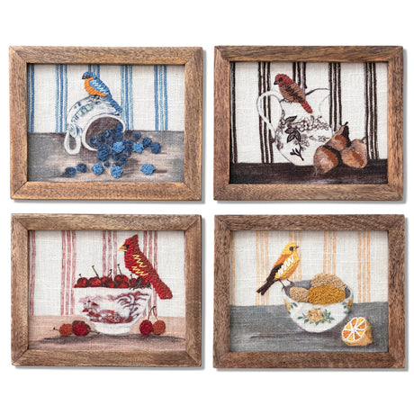 embroidered bird still life wall art with wood frame
