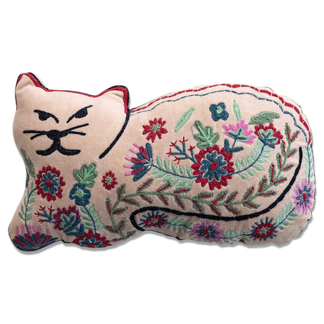 cat shaped velvet pillow with embroidered florals decorative accent