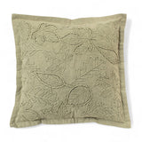  16-inch square cotton green pillow with embroidered fall leaves 