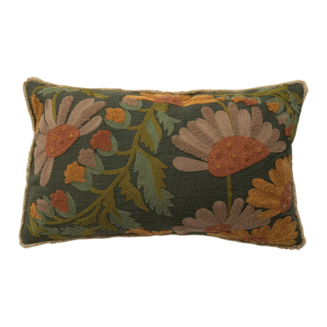 Rectangular embroidered cotton slub pillow with floral design and fringe, 24 x 14 inches