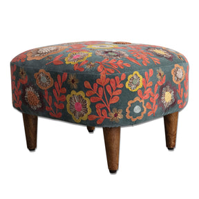 floral embroidered velvet stool with wood legs for boho living room decor
