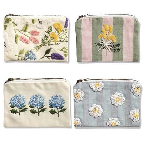 4x6 embroidered flower cotton zipper pouch with beaded floral detail