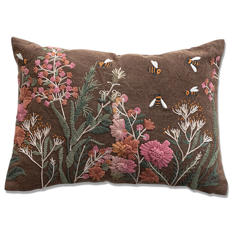 hand embroidered wildflower and bee lumbar pillow brown stonewashed cotton 20x14