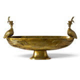Antique gold aluminum footed boat bowl with two pheasants perched on the rim
