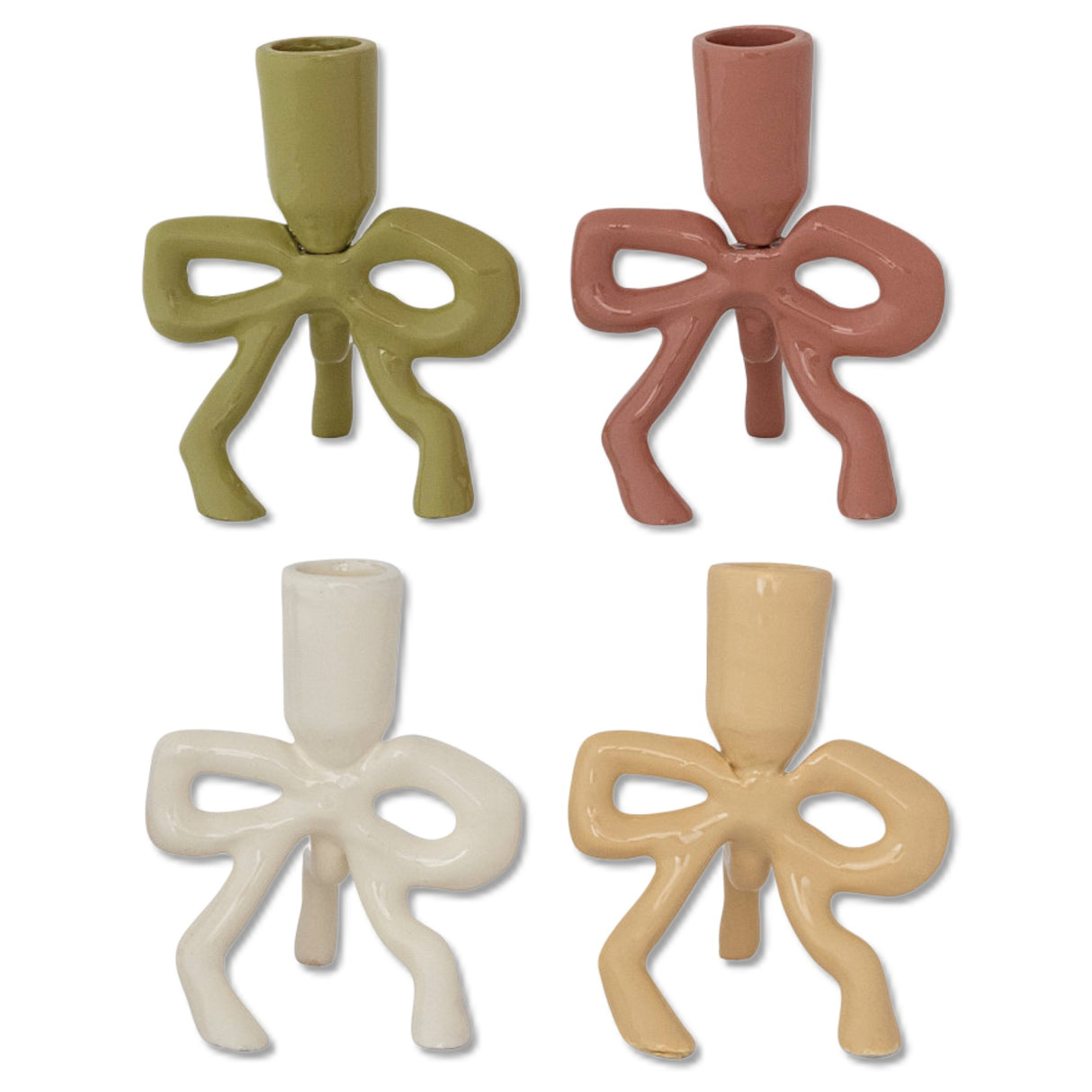 Enamel bow taper candle holder in green, blush, cream, and yellow