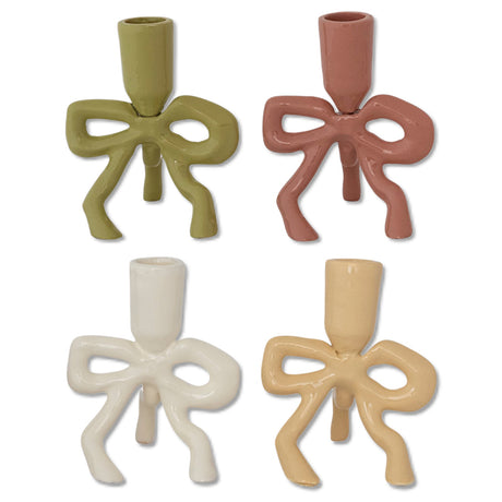 Enamel bow taper candle holder in green, blush, cream, and yellow