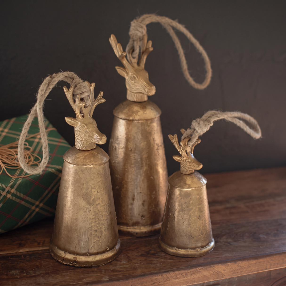 Antiqued Deer Finial Christmas Bell