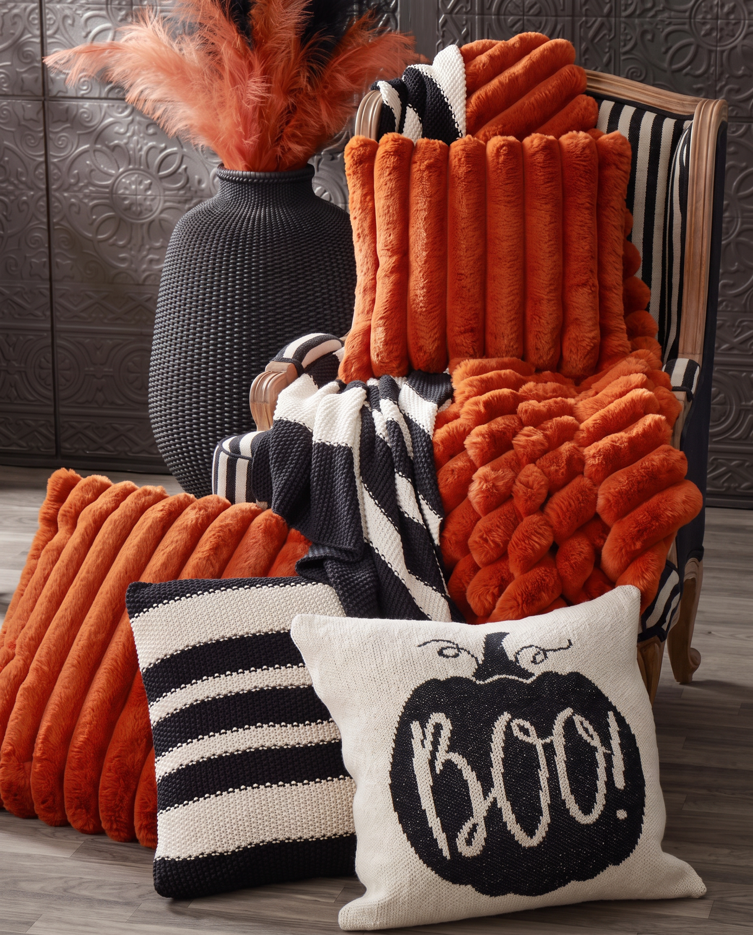 Rust Orange Ribbed Vegan Fur Throw Blanket