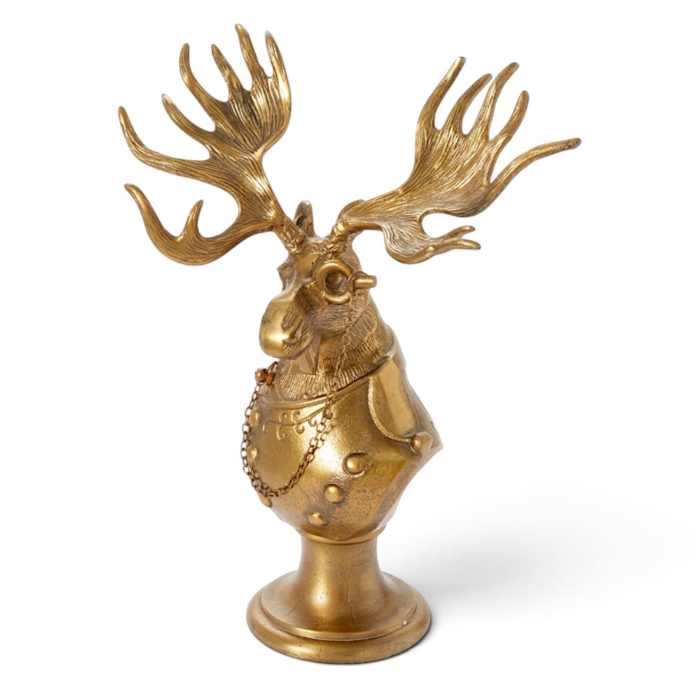 Eugene the Moose gold aluminum bust with large antlers monocle and chain