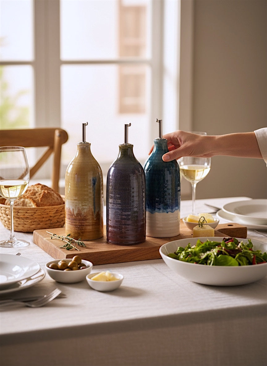 Reactive Glaze Ceramic Oil Cruet with Stainless Steel Spout