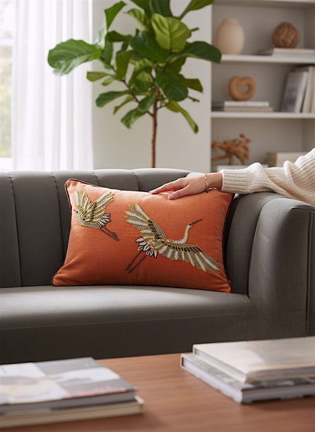Velvet Beaded Crane Lumbar Pillow