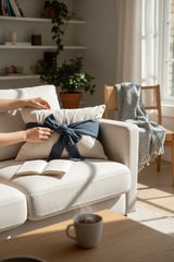 Natural & Navy Cotton Lumbar Pillow with Bow