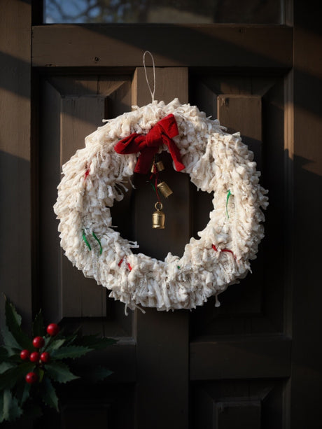 Handmade Ivory Yarn Wreath with Red Bow and Bells