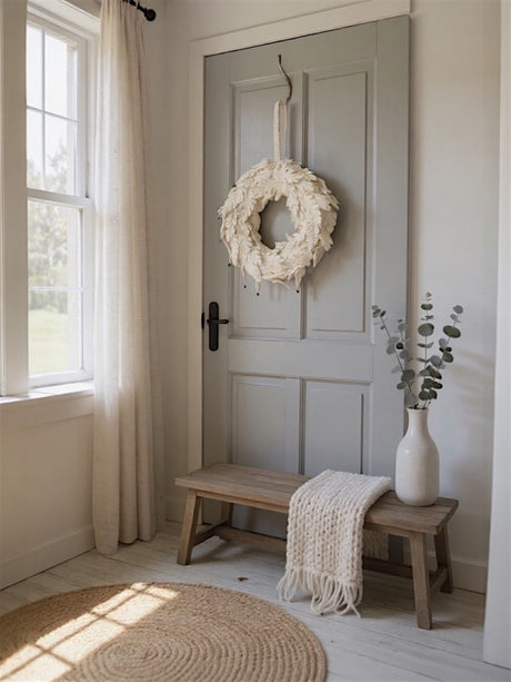 Handmade Cream Wool Felt Leaf Wreath with Jingle Bells